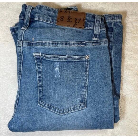 Standards and Practices Distressed Holey Bell Bottom Flare Blue Jeans - Picture 6 of 11